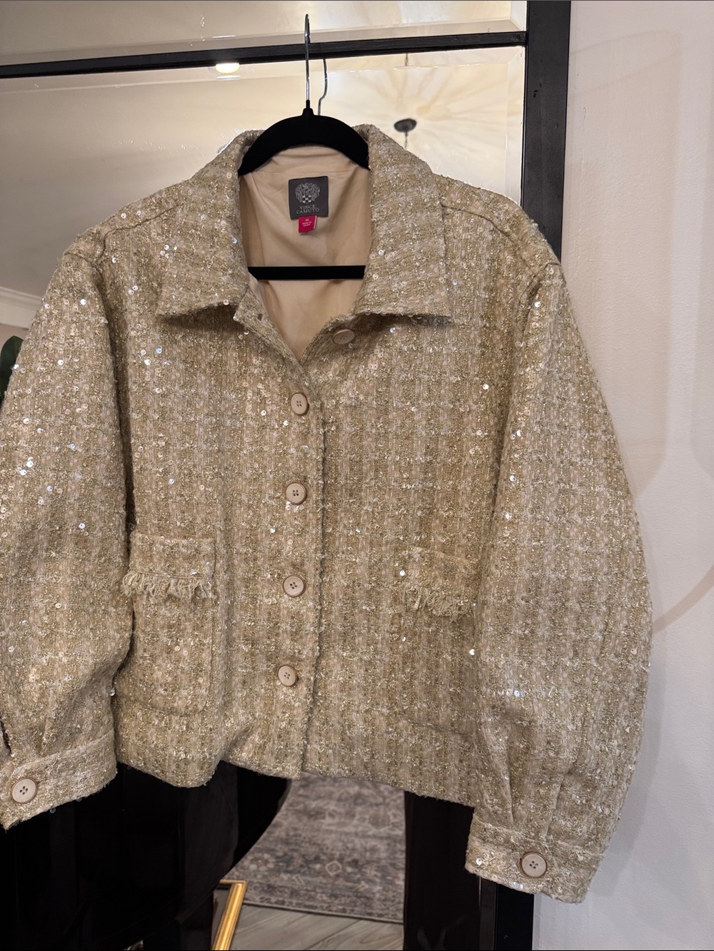 Vince Camuto Champagne Sequin Tweed Button Jacket